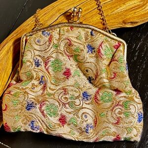Gold Brocade Evening Clutch with Multicolor Floral Accents